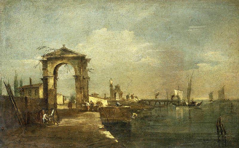 Landschap met een kade en schepen op een meer, Francesco Guardi